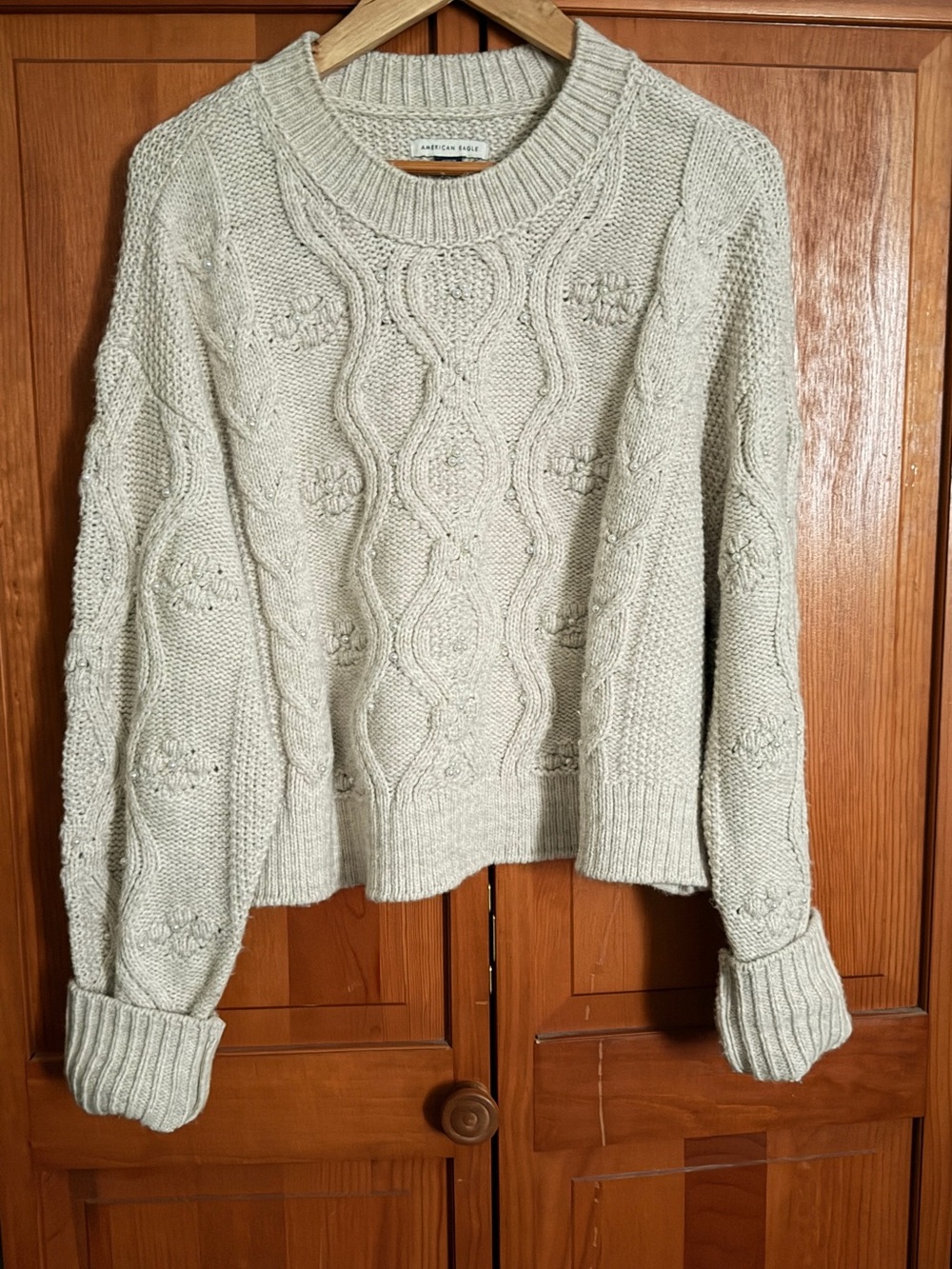American Eagle Snow Stopper Cable Knit Sweater Oatmeal Medium
